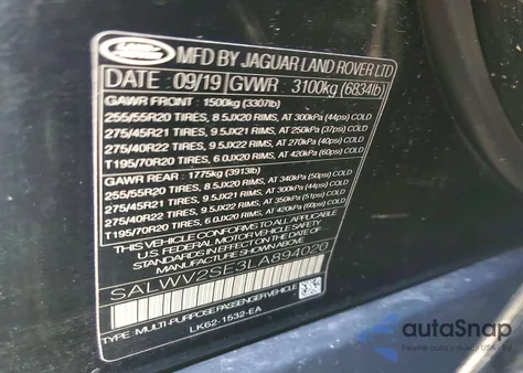 2020 Land Rover Range Rover Sport P525 Autobiography z USA, uszkodzony, nr VIN SALWV2SE3LA894020